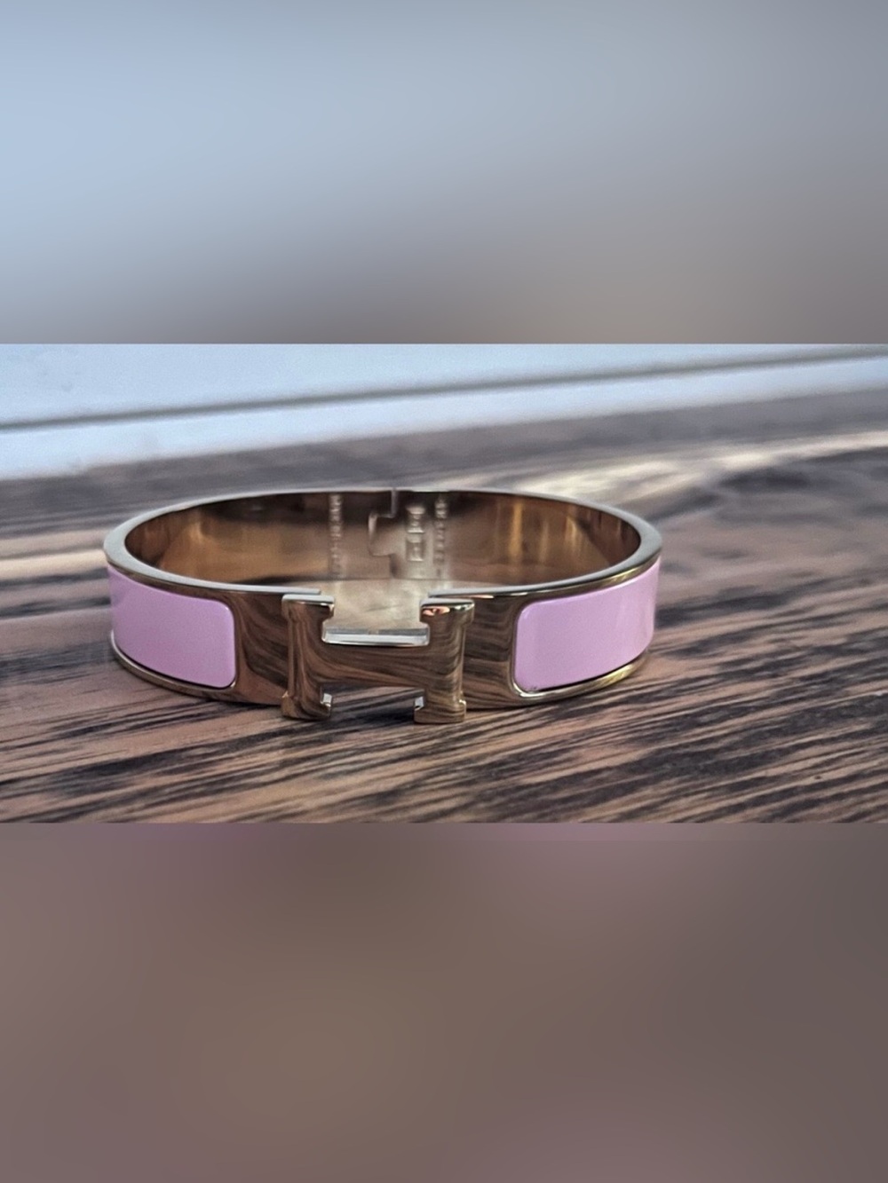 Hermes gold-Tone Pink Enamel H Cuff Bracelet - Designer